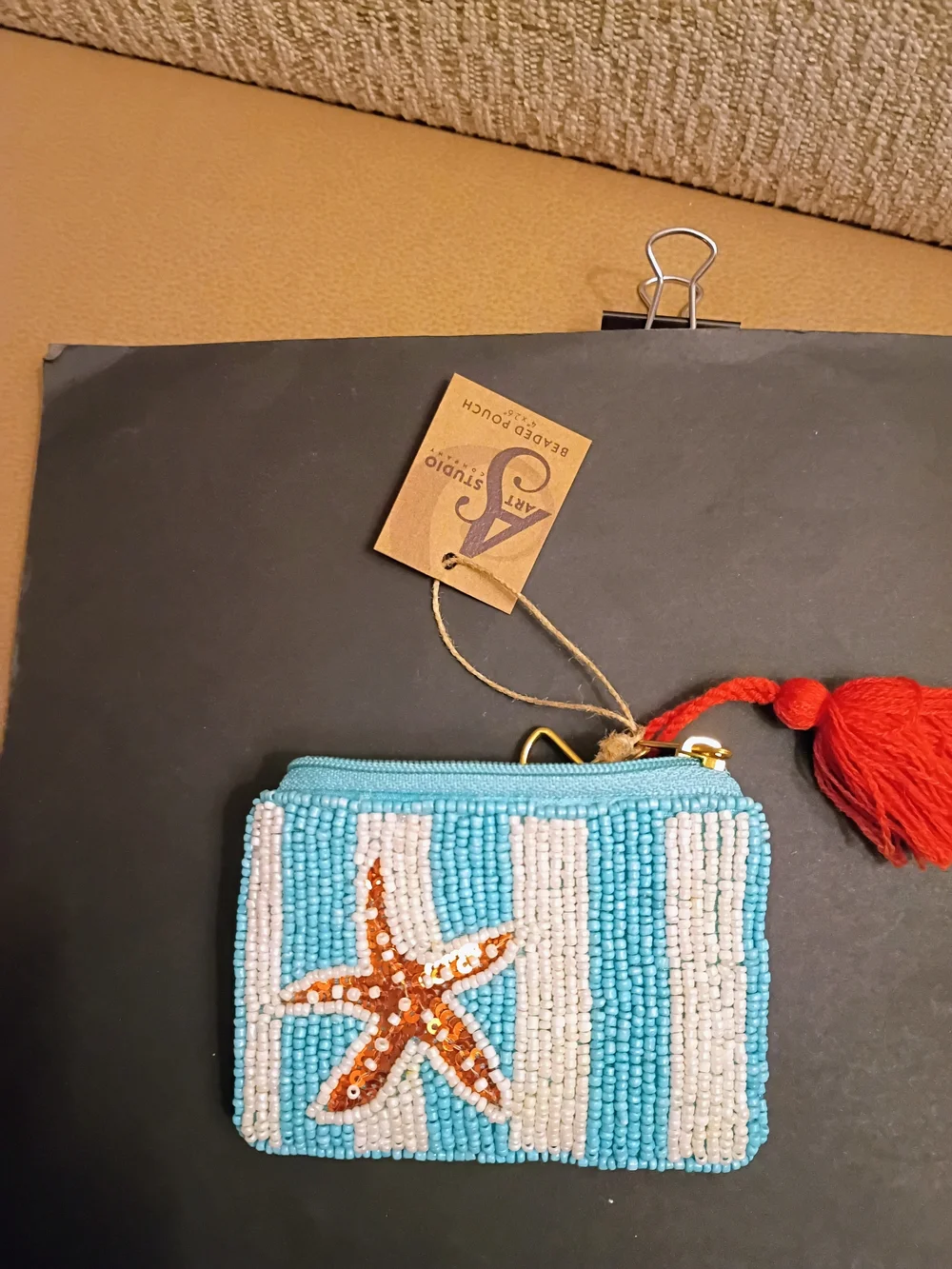 Beaded Turquoise Coin Purse with Orange Starfish Accent